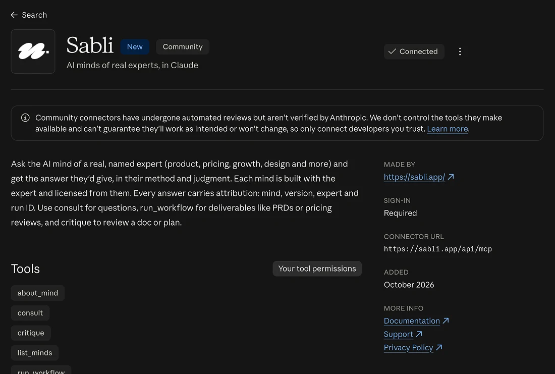 Sabli's page in Claude's connector directory: AI minds of real experts, in Claude, with its tools about_mind, consult, critique, list_minds and run_workflow